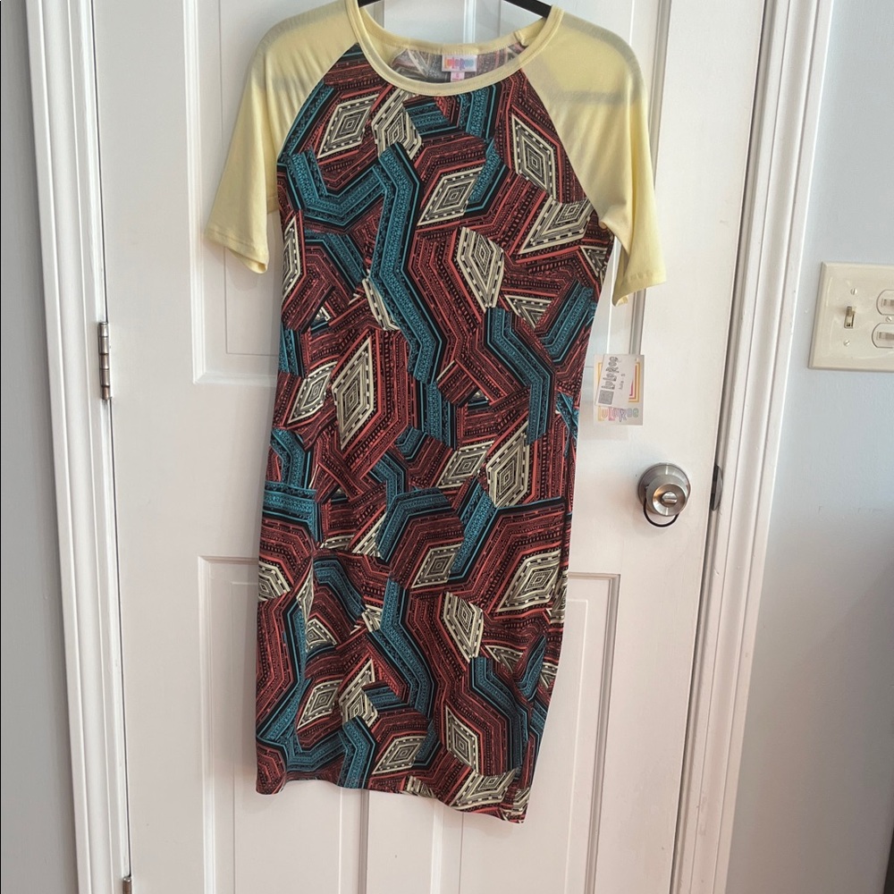 LuLaRoe Geometric Midi Dress with Yellow Sleeves